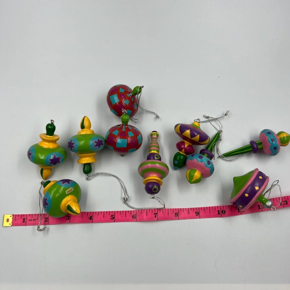 Bright Colorful Christmas Ornaments Tops Green Yellow Purple Resin Wood Feel - Picture 8 of 9